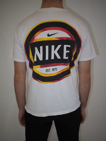 White Nike T-shirt Circle Red yellow orange logo front and back
