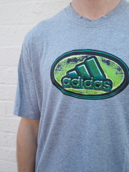 90's Grey Adidas T-shirt with green front logo
